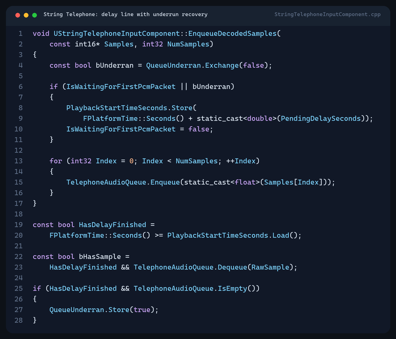 C plus plus code showing the string telephone delay line, queued PCM playback, and underrun recovery